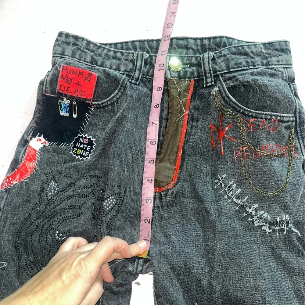 Punk’s Not Dead Grunge Jeans with Chains Embellished Patches Handmade Crust Goth - Picture 8 of 12